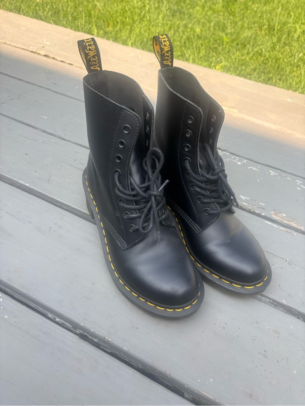 NEW!! Dr. Martens Black Leather Lace-Up Boots with Yellow Stitching